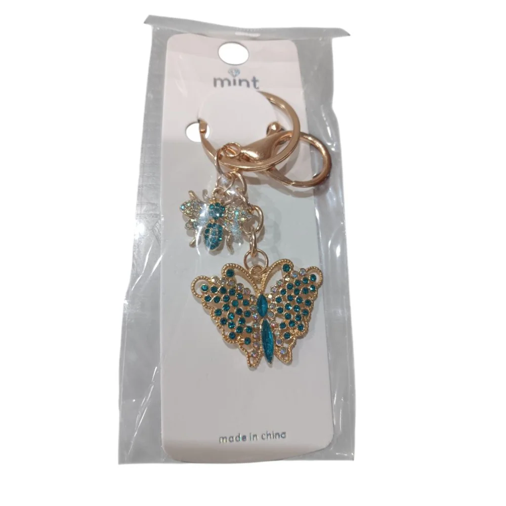 Beautiful Blue Rhinestone Butterfly Bumblebee Gold Tone Keychain Purse Charm